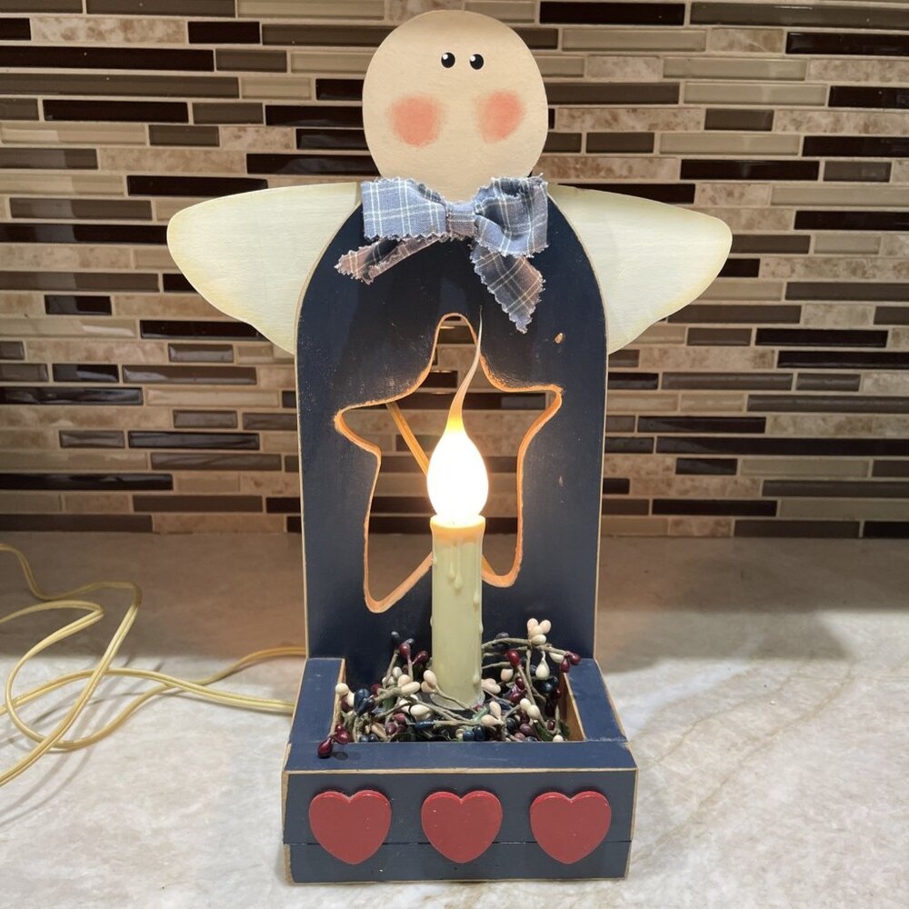 Vintage Handcrafted Wooden Angel With Candle Light Farmhouse Country Folk Art